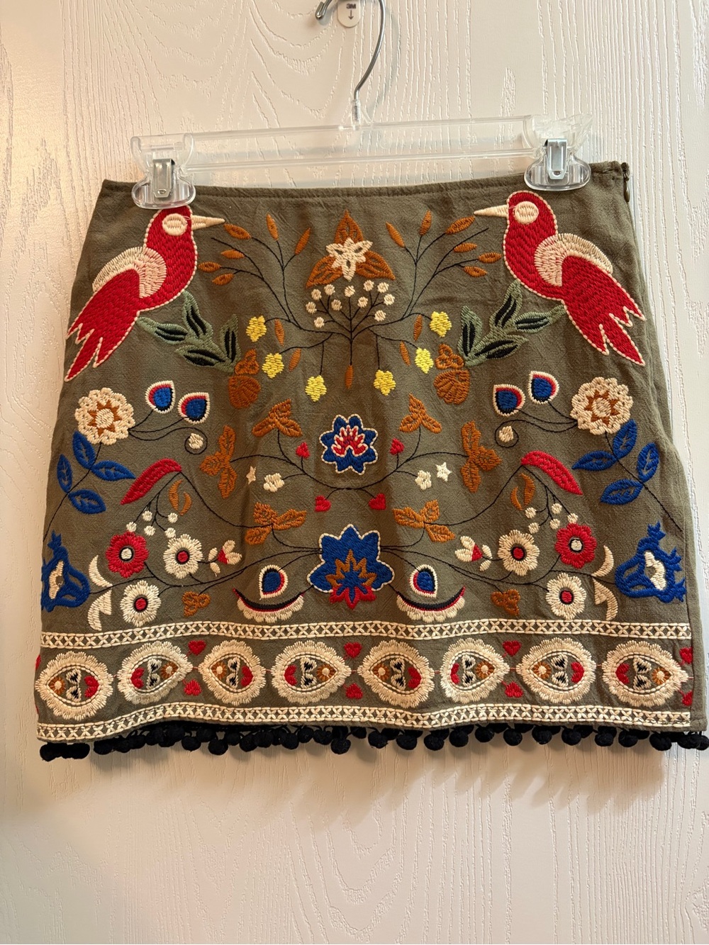 Altar’d State Olive Embroidered Mini Skirt Pom Pom Size XS
